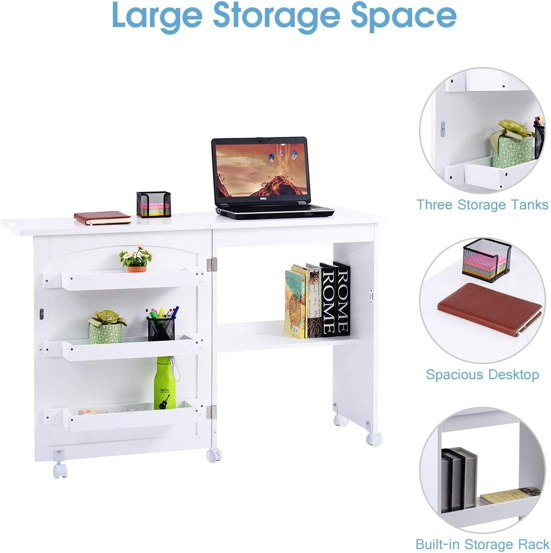 Folding Sewing Table 117cm Mobile Craft Desk with Wheels & Storage White