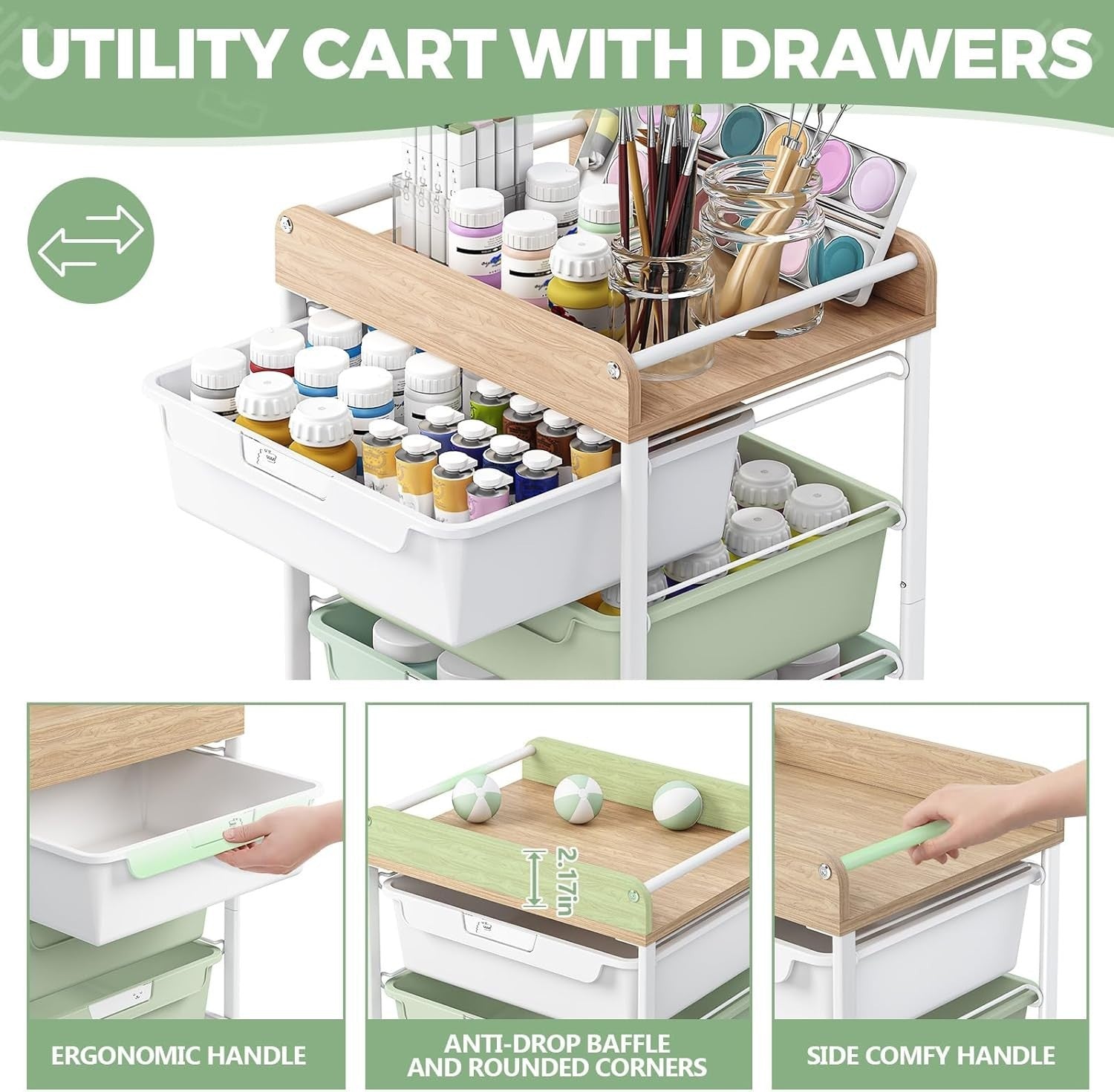 4 Drawer Rolling Storage Trolley Craft Organizer Cart with Wheels Green