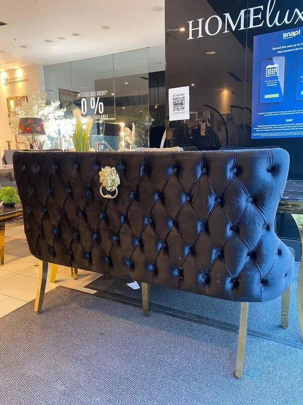 Black Velvet Dining Bench Gold Legs Lion Knocker Tufted Backrest Seat