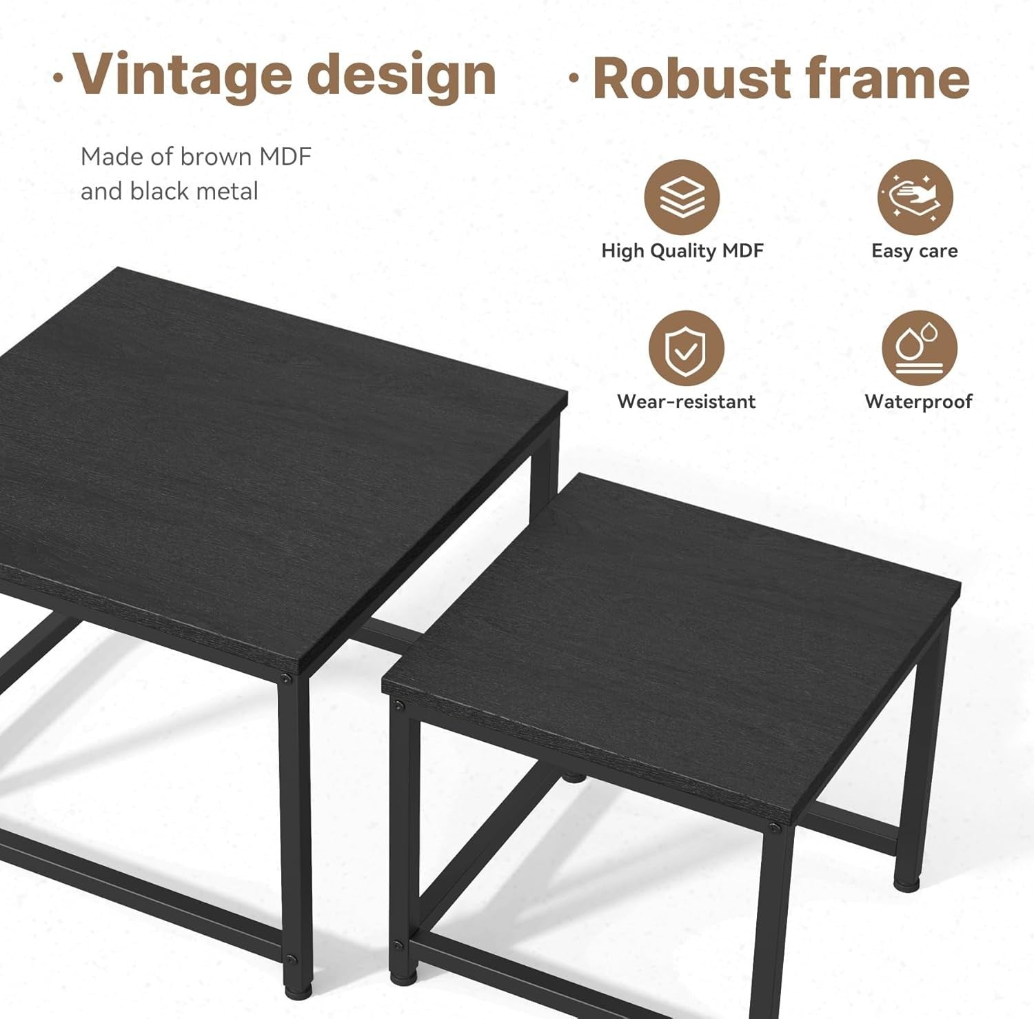 Square Nesting Coffee Tables Set of 2, Wood Grain Tops & Metal Frame, Space