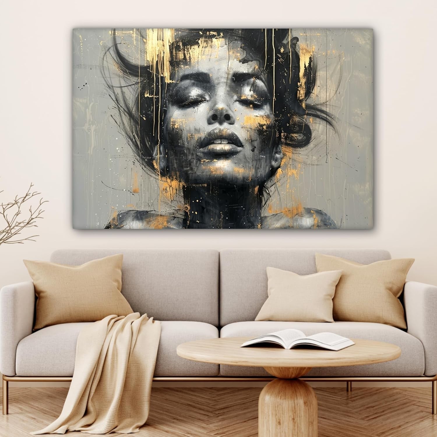 Large Abstract Woman Canvas Wall Art 120x80cm Gold Glamour Modern