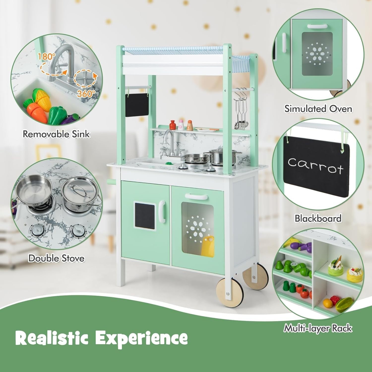 Kids Play Kitchen Grocery Store LED Lights Double Sided Toy Set
