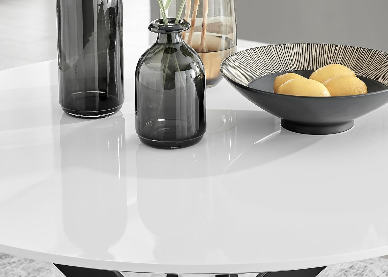 Round 100cm Marble Dining Table Gloss White Top + Black Metal Legs