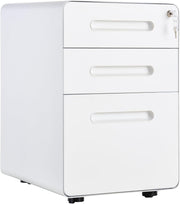 White 3 Drawer Lockable Filing Cabinet with Wheels A4 Home Office Storage