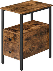 Slim Industrial Side Table with 2 Drawers & Open Shelf, Rustic Brown 30x48x61.5c