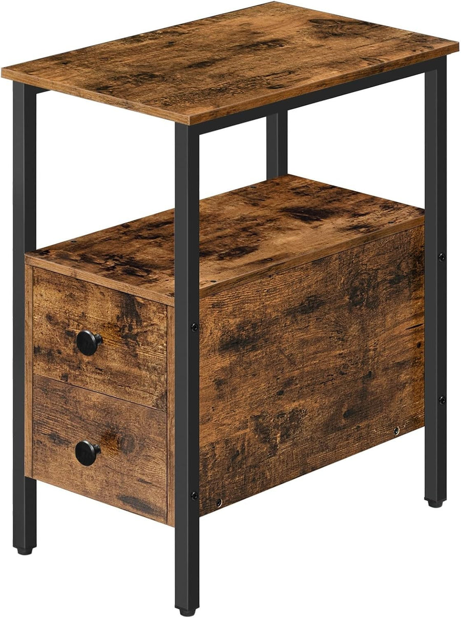 Slim Industrial Side Table with 2 Drawers & Open Shelf, Rustic Brown 30x48x61.5c
