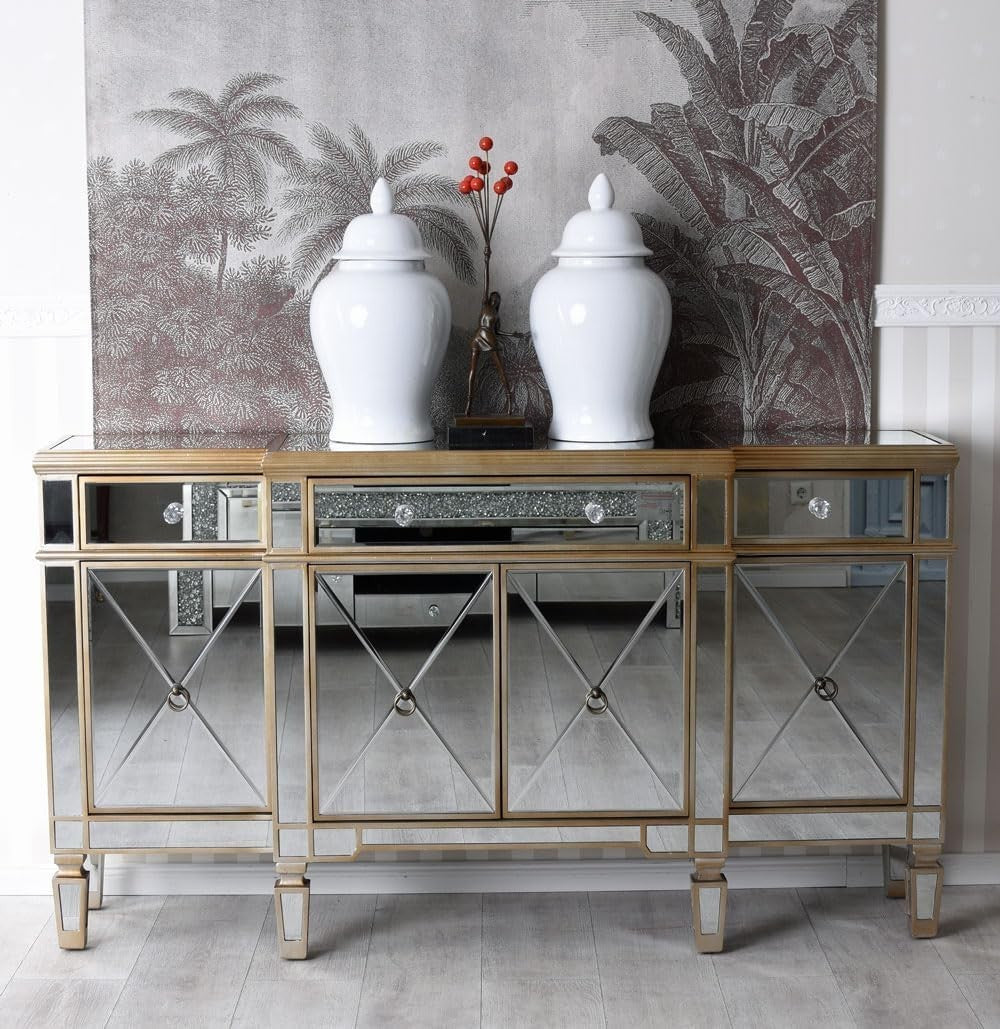 Mirrored Glass Sideboard Cabinet Luxury Storage Unit 160cm Gold Modern