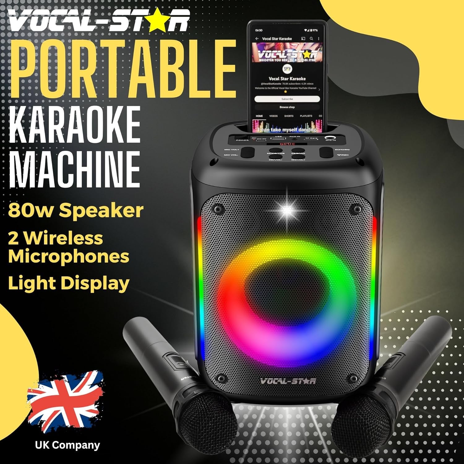 Portable Karaoke Machine 2 Wireless Mics LED Party Speaker for Kids & Adults