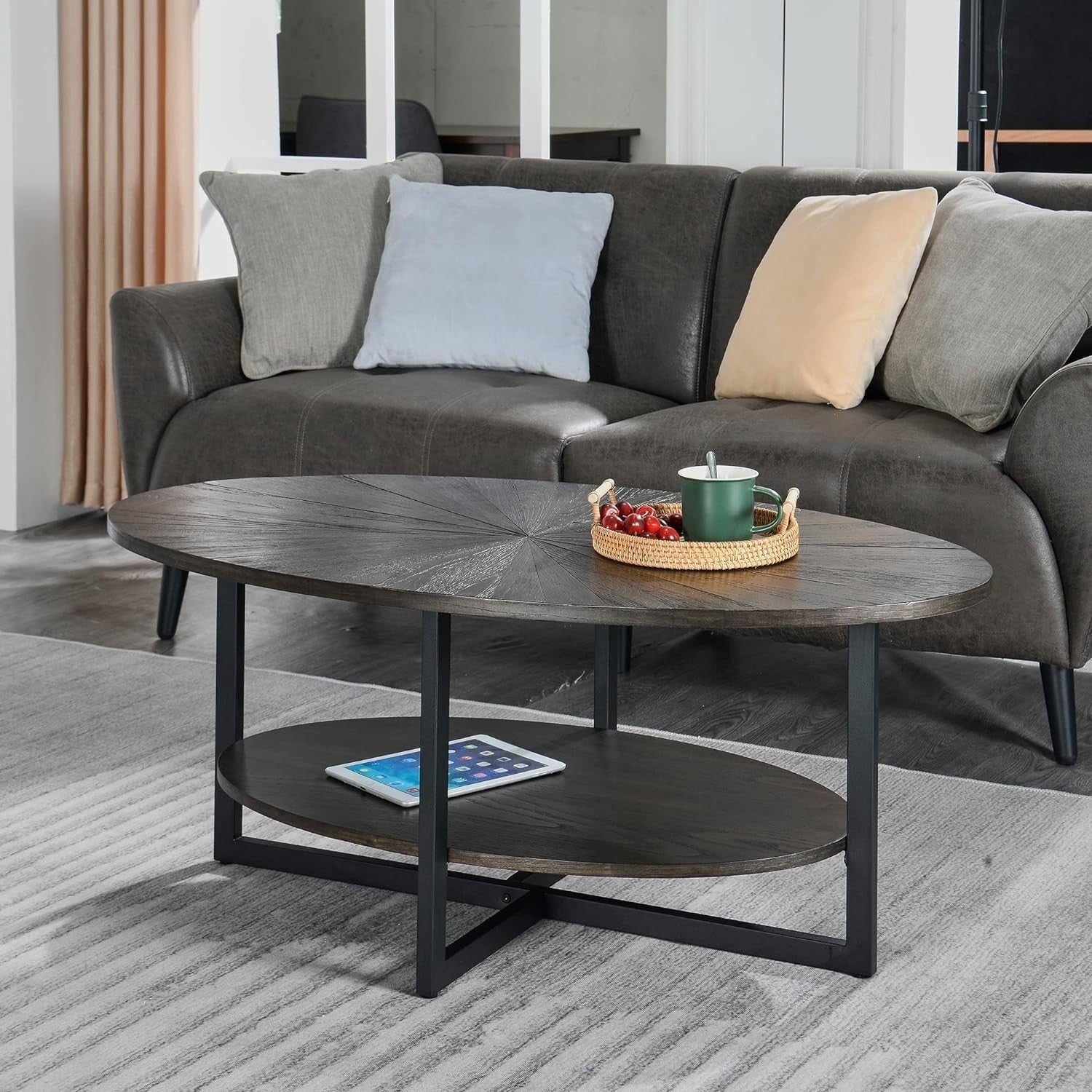Rustic Brown Oval Coffee Table with Cross Metal Legs & 2-Tier Shelf 110x66cm