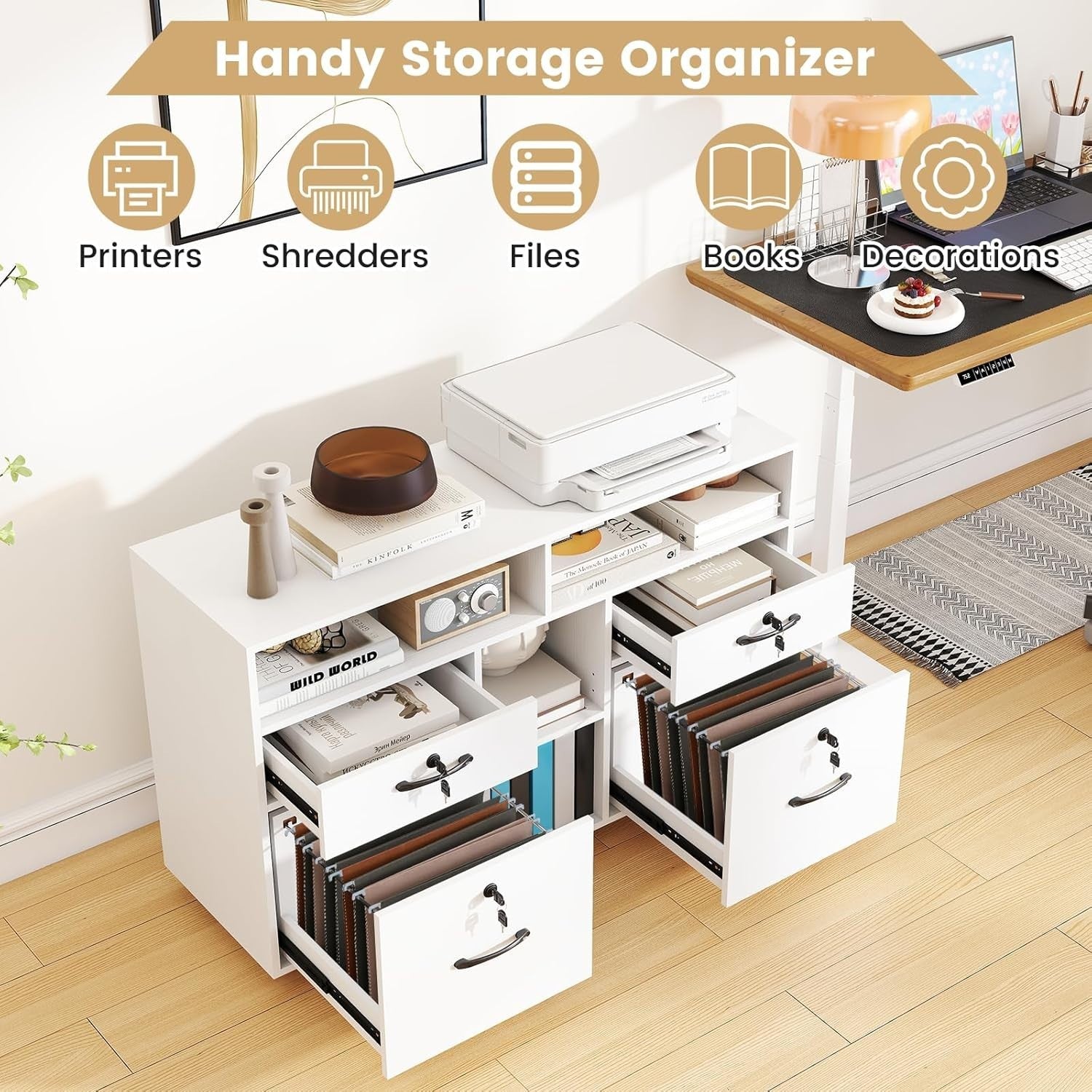 Wide Mobile File Cabinet 4 Drawer Lockable Lateral Printer Stand