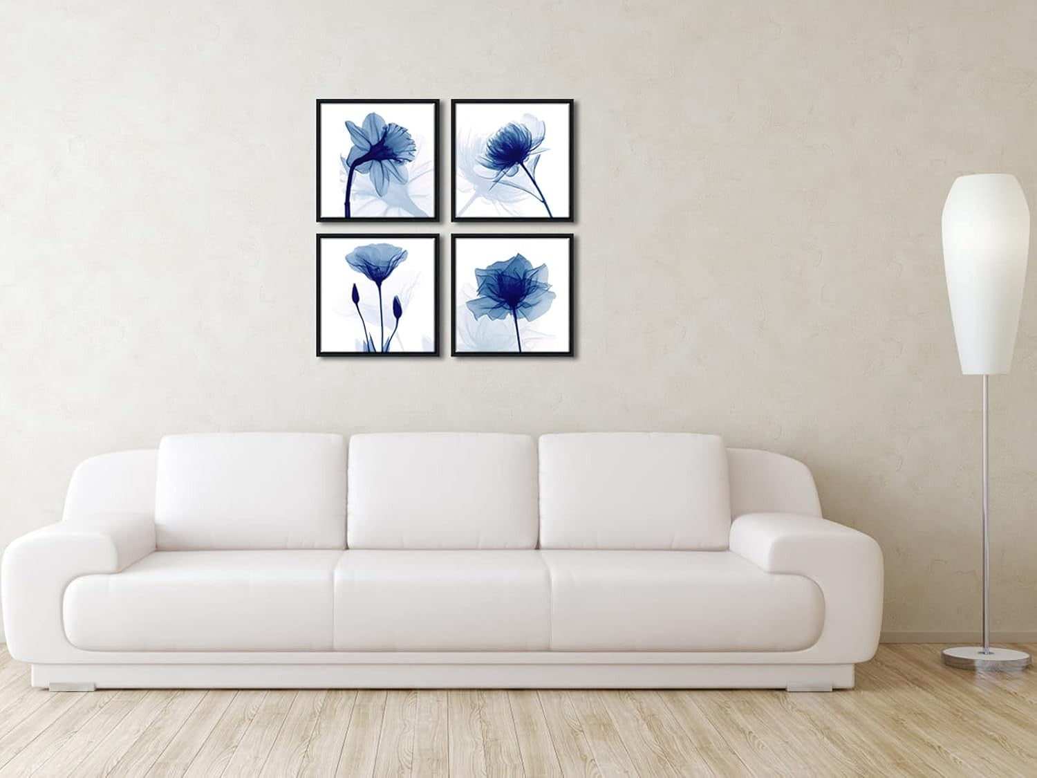 Blue Flower Canvas Wall Art 4 Panel Framed Modern