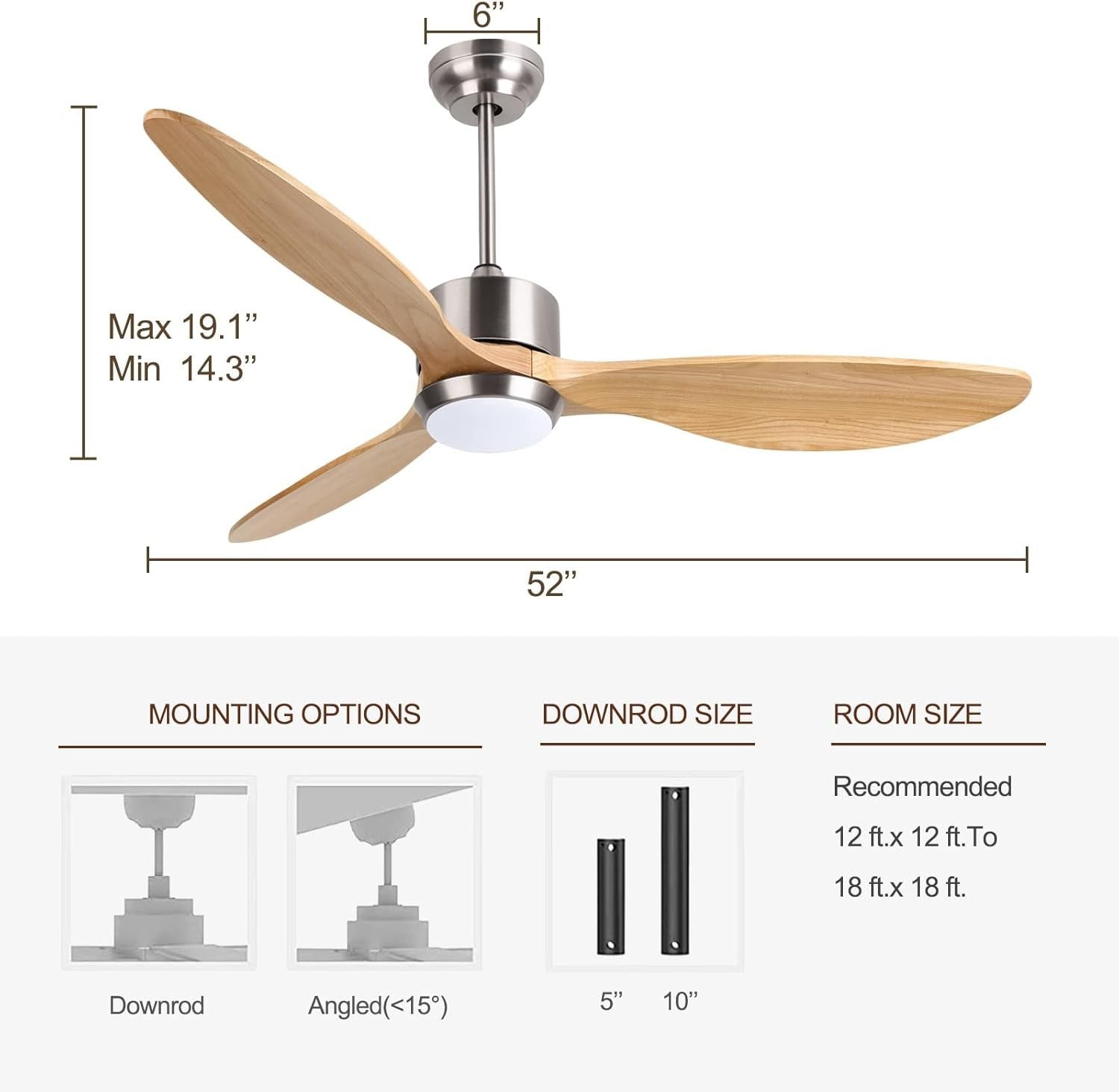 Ovlaim 132cm Silent Wood Ceiling Fan, LED Light, Reversible DC Motor, Remote