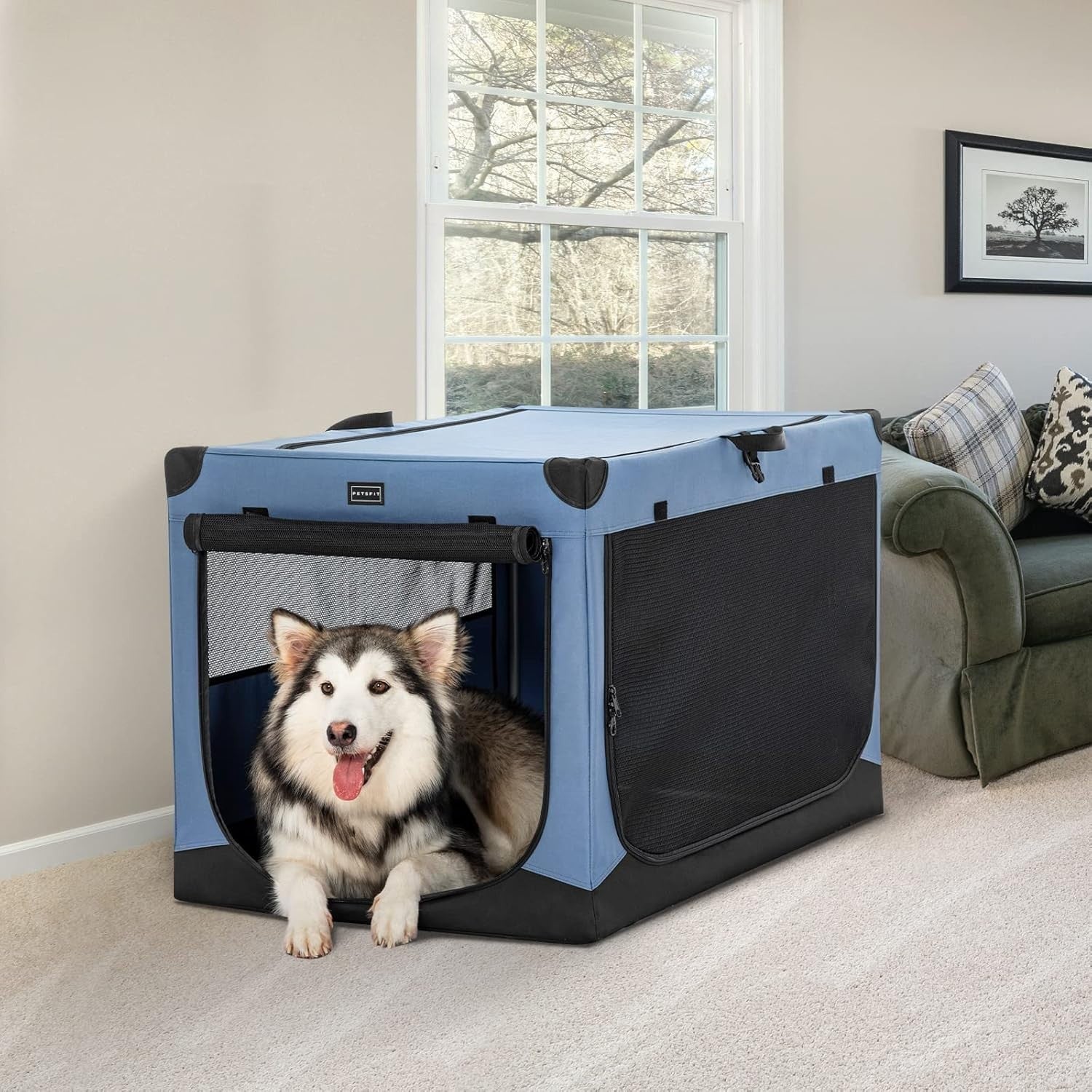 Foldable Large Soft Dog Crate Travel Pet Carrier Kennel 3-Door Fabric Cage 100cm
