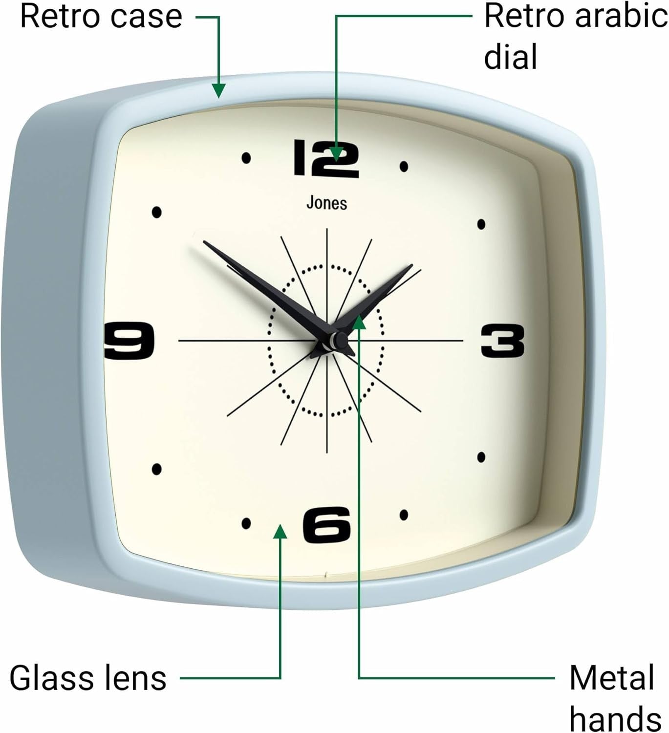 Retro 25cm Wall Clock Rectangle Silent Pale Blue Kitchen Living Room Decor