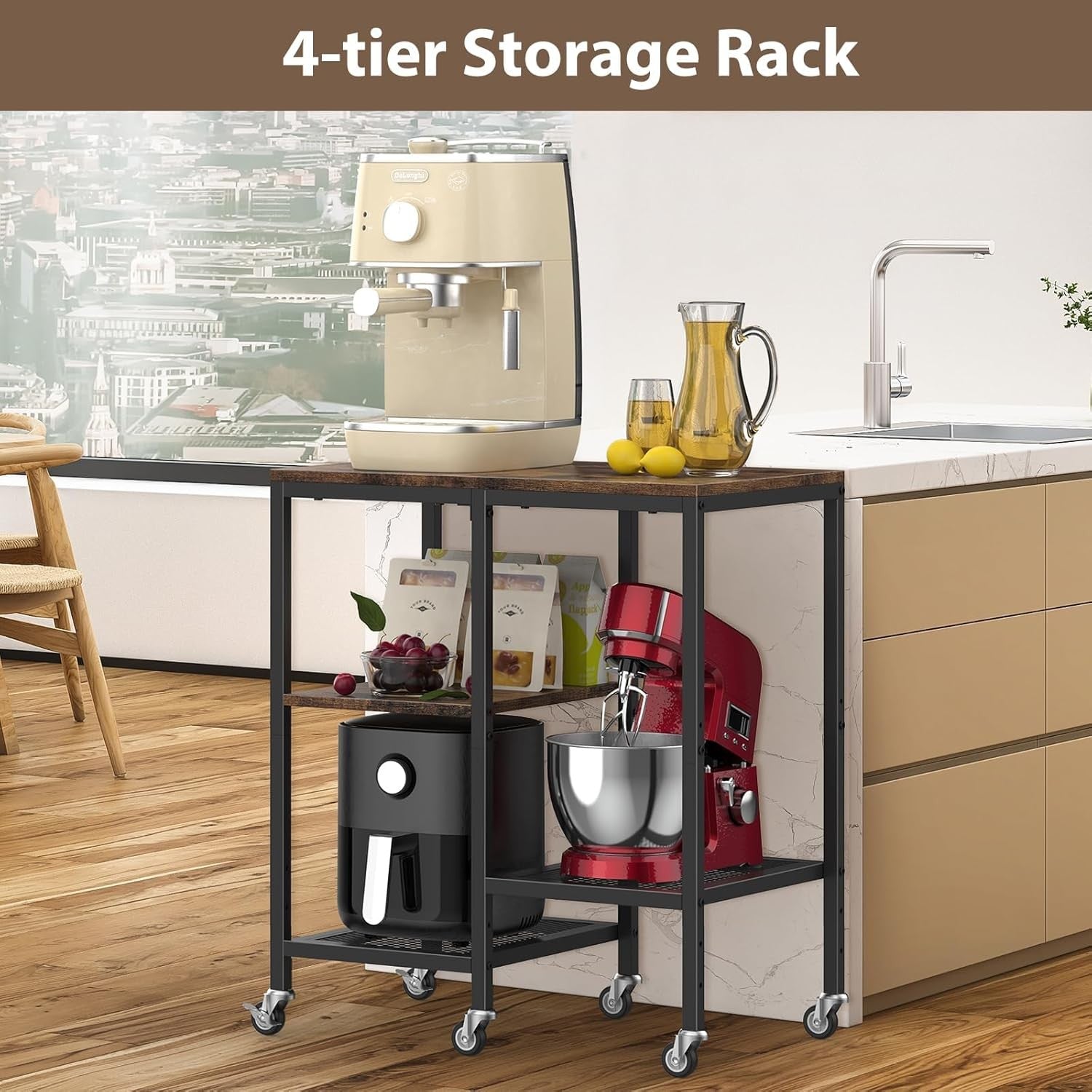 4 Tier Kitchen Storage Rack on Wheels Coffee Bar Baker’s Trolley Rustic