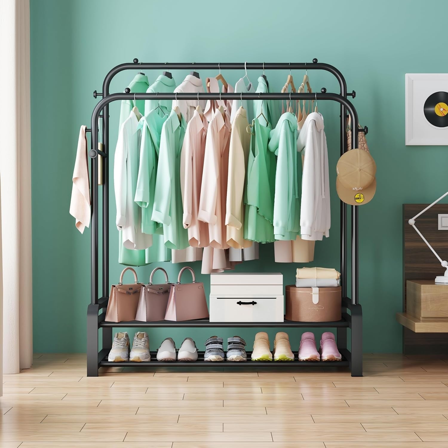 Heavy Duty Double Rail Clothes Rack with Shoe Shelves – Black