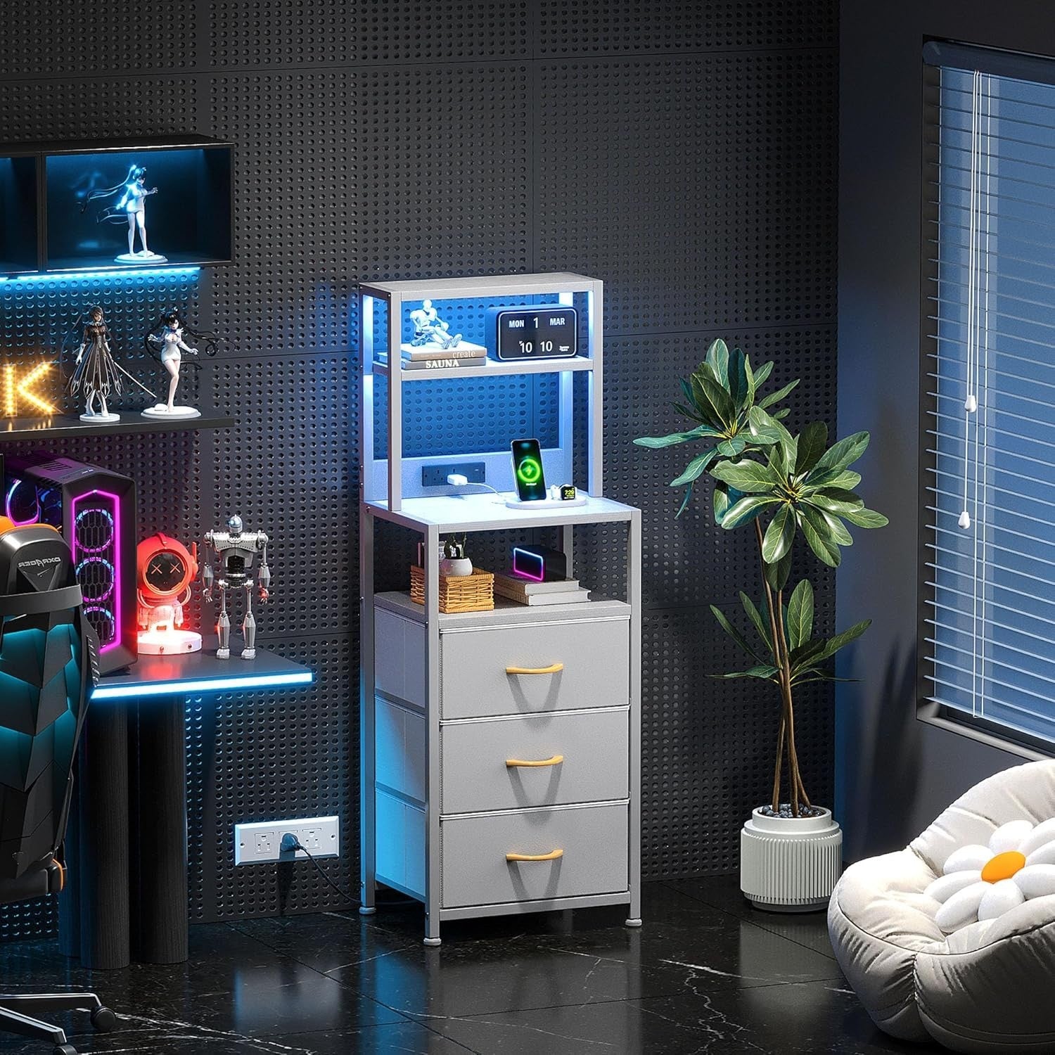 Tall Bedside Table with USB Charging, 3 Drawers + Shelves