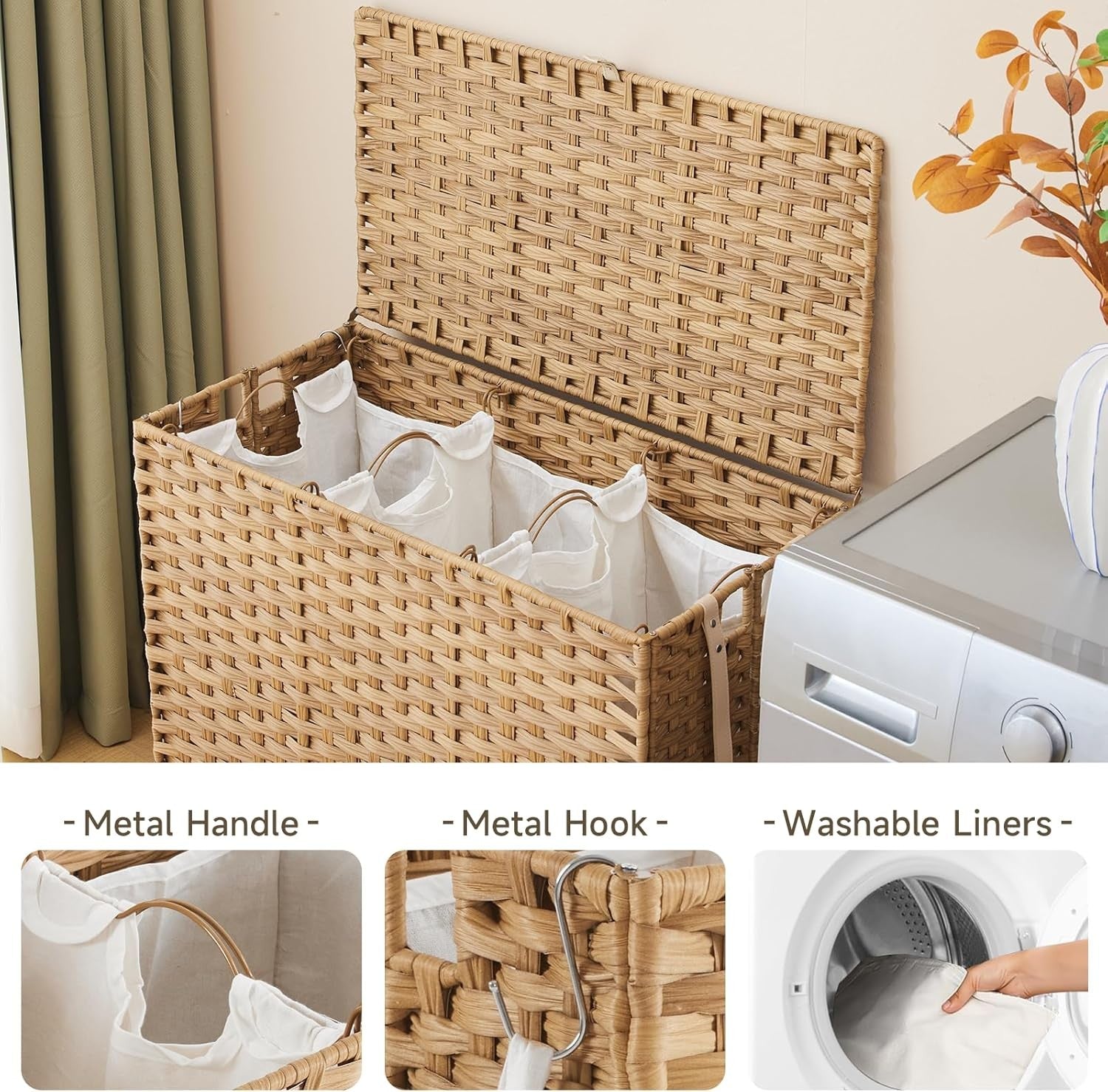 Large 150L Rattan Laundry Hamper on Wheels 3-Section Sorter with Lid & Bags