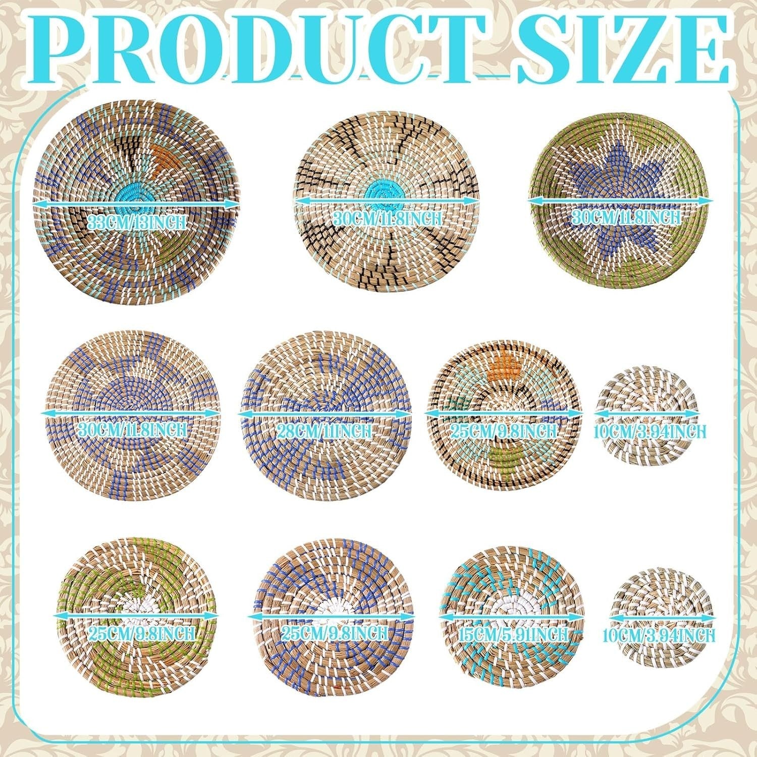 11PCS Boho Woven Wall Baskets Multi-Size Bulrush Farmhouse Decor multicolour