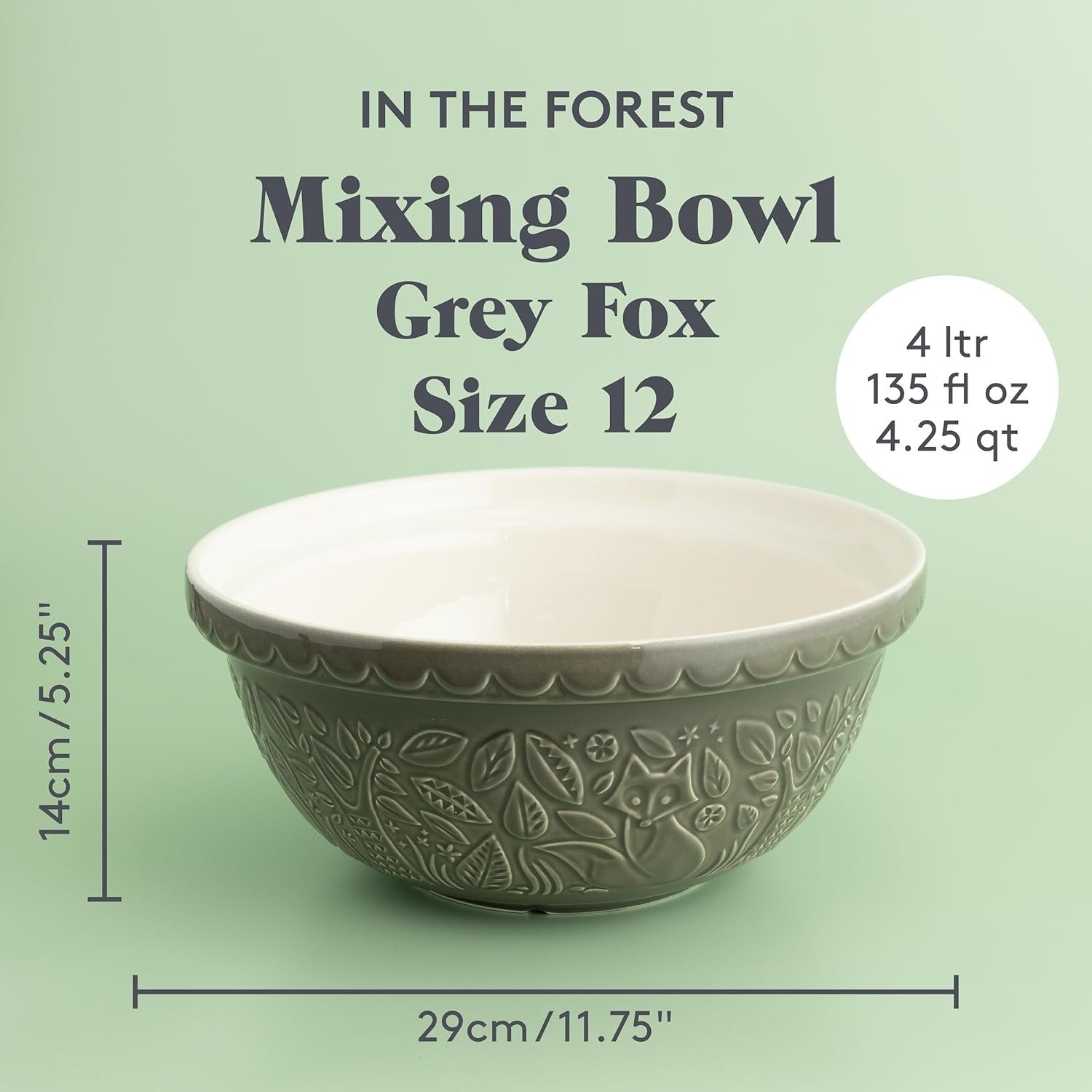 4.5L Ceramic Mixing Bowl 29cm Embossed Woodland Fox Design
