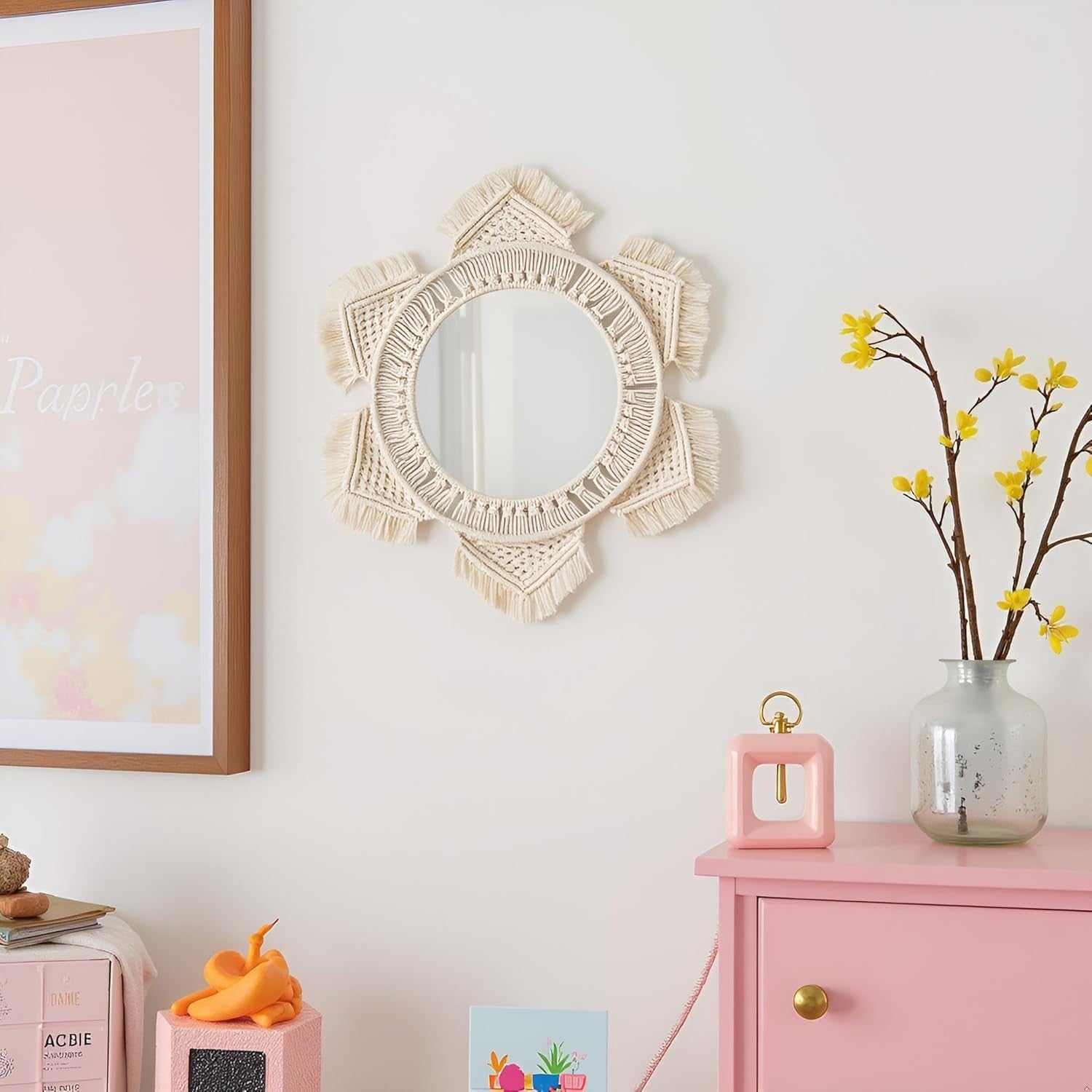 Boho Macrame Sunburst Wall Mirror – Round Cotton Hanging Decor