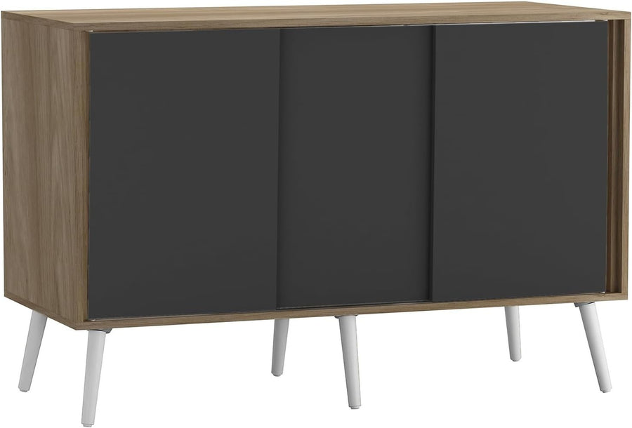Modern Oak Sideboard Cabinet Black Sliding Doors Storage Unit Wood Legs