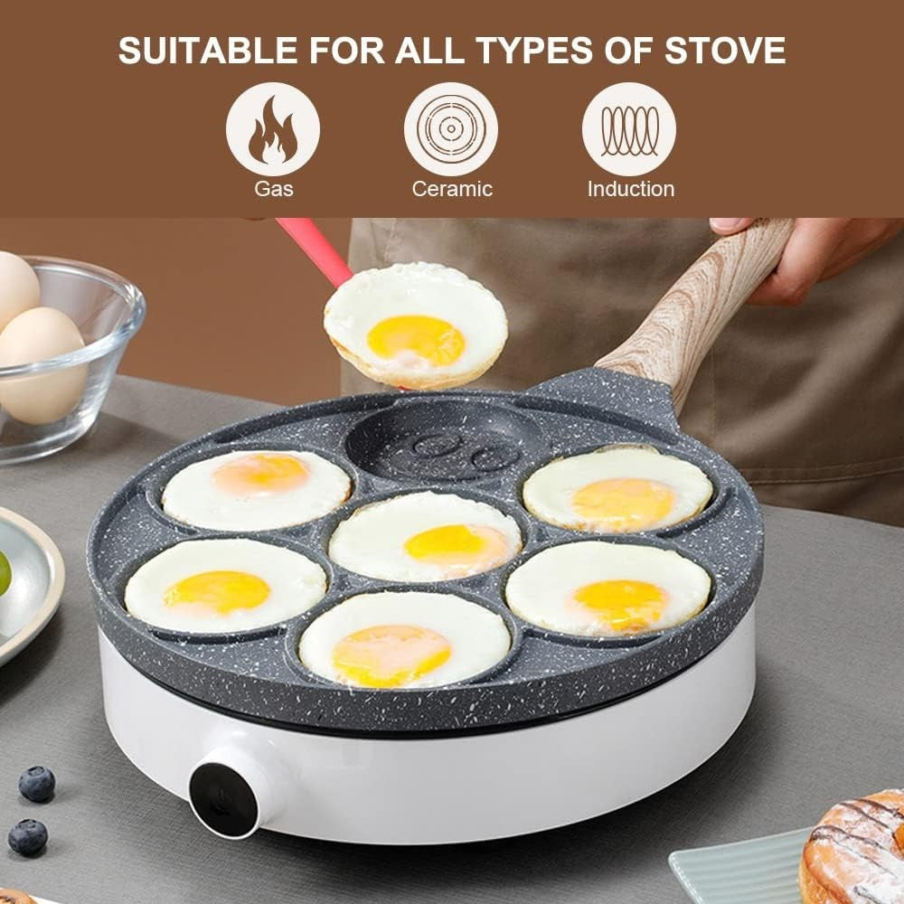 Smiley Face Pancake Pan 26cm Non Stick 7 Hole Mini Pancake Maker Induction Black