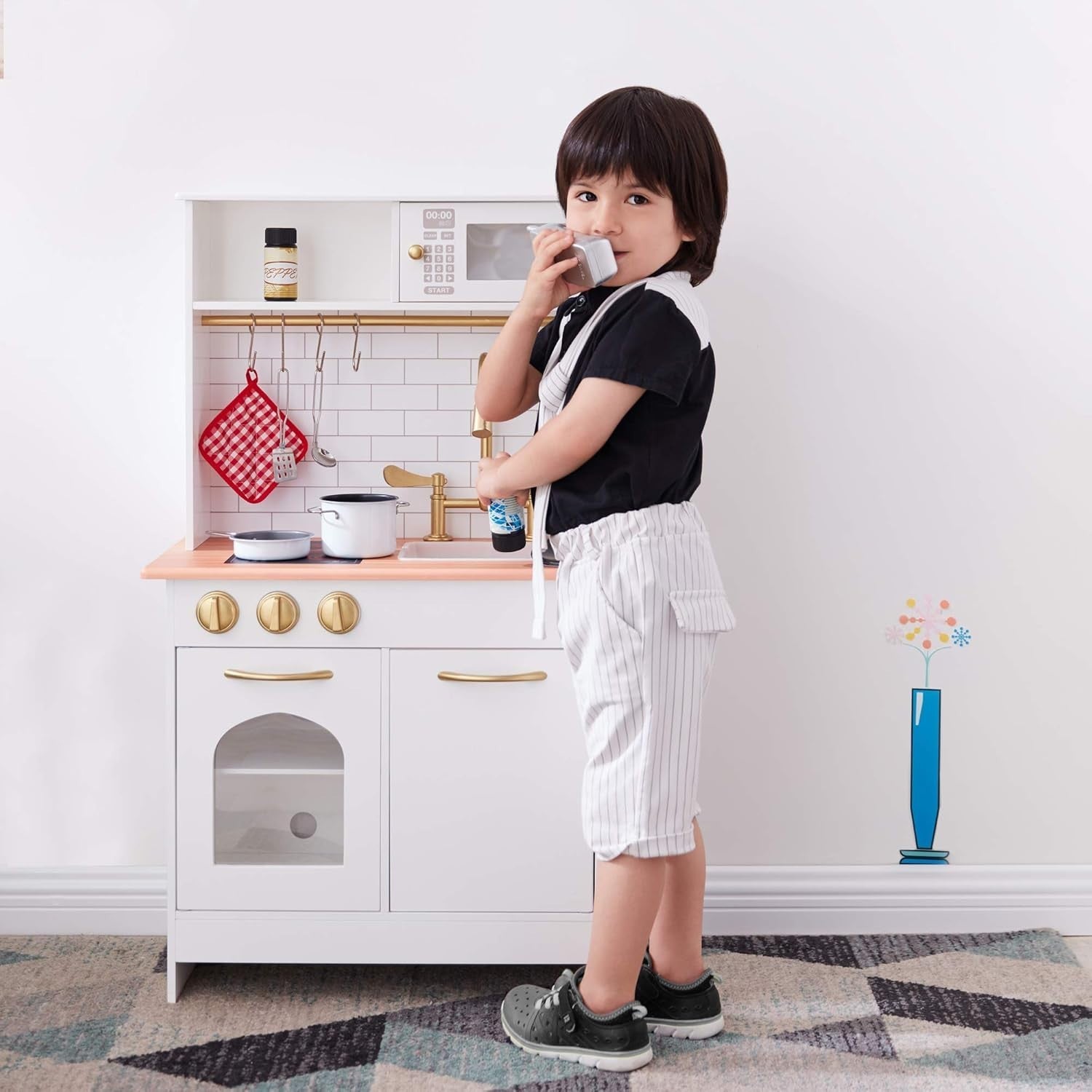 Wooden Kids Play Kitchen Farmhouse Sink Oven Microwave White Gold