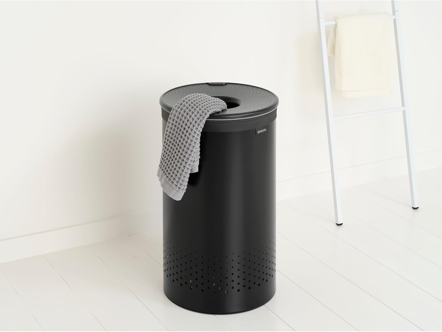 60L Matt Black Laundry Bin with Lid & Quick-Drop Opening Removable Cotton Bag