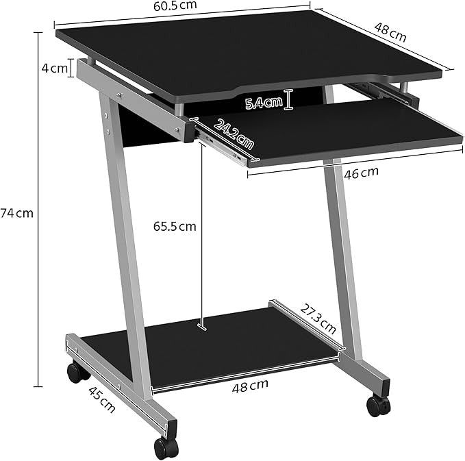 Mobile Laptop Desk on Wheels Z Shaped Small Computer Table with Keyboard Tray