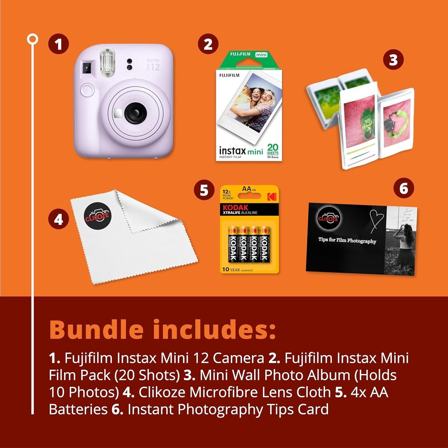 Instant Camera Bundle Purple 20 Film Shots Wall Album Selfie Lens