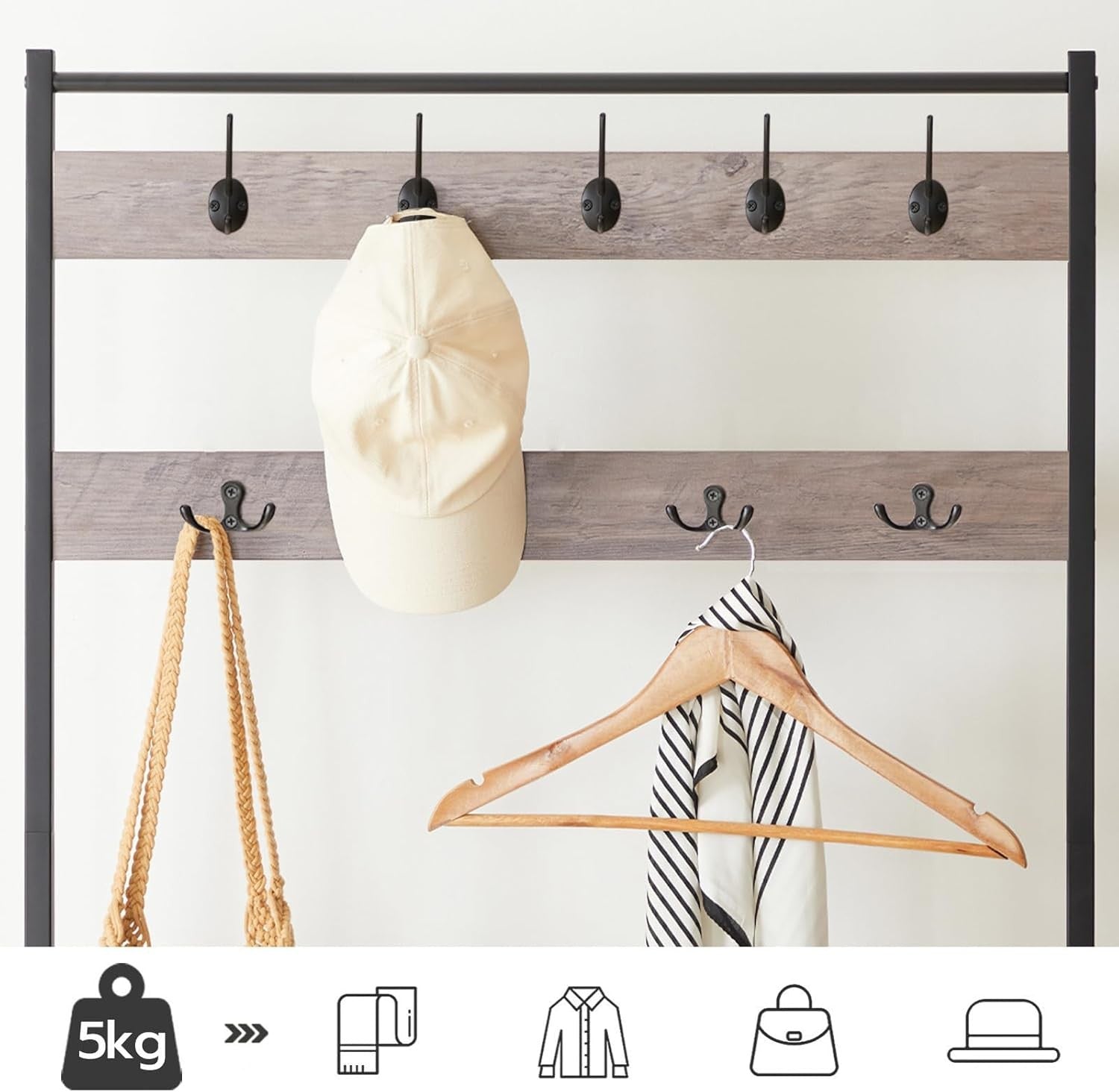 Greige Coat Rack with Shoe Bench & 9 Hooks | Industrial Hall Tree Organizer for