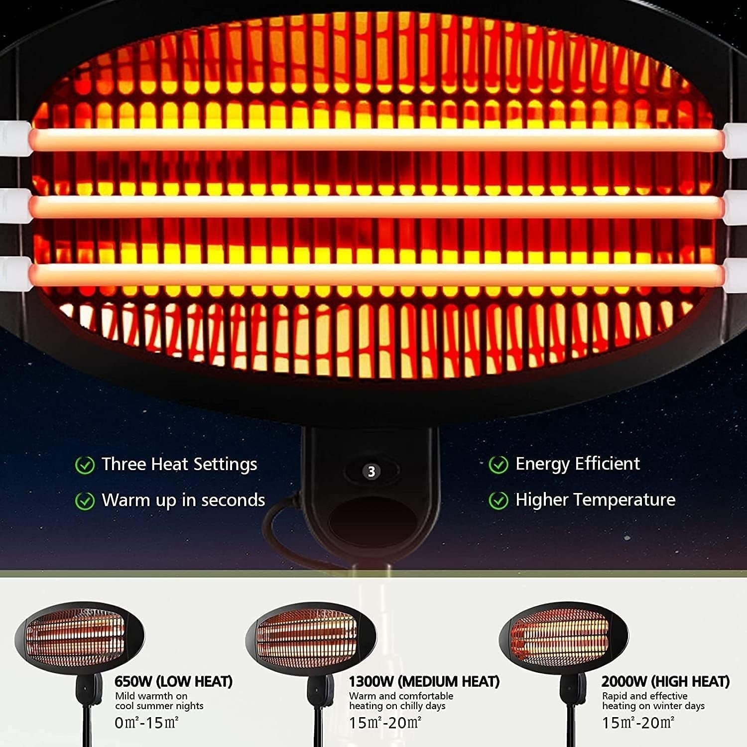 Outdoor Electric Patio Heater 2000W 3 Heat Settings, Adjustable Height & Tilt
