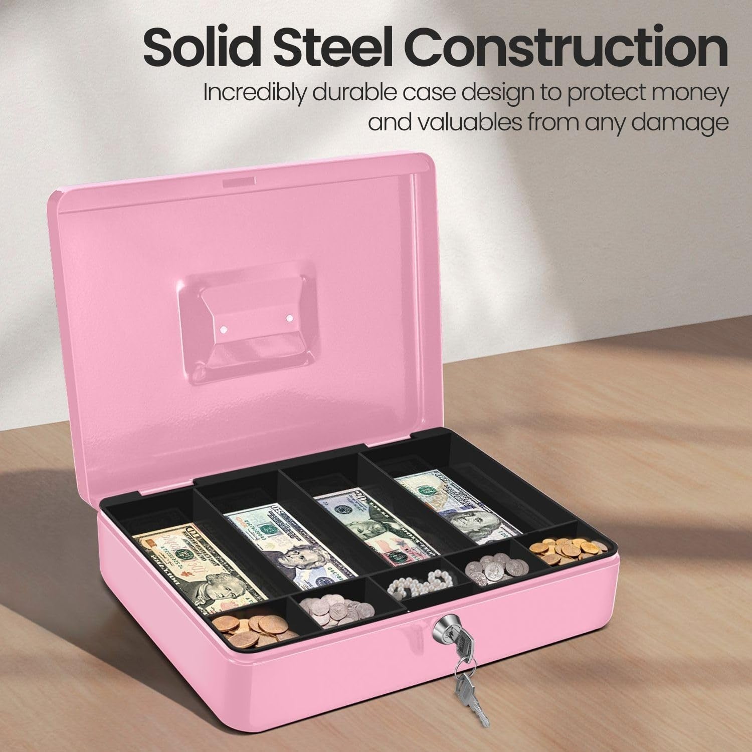 Pink Cash Box with Lock 9 Compartment Money Tray Portable Storage