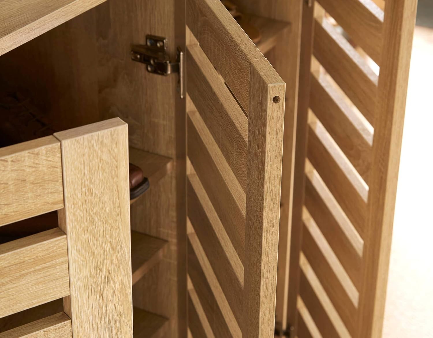 Wooden Shoe Storage Cabinet 3 Door Oak Effect Slatted Cupboard MDF