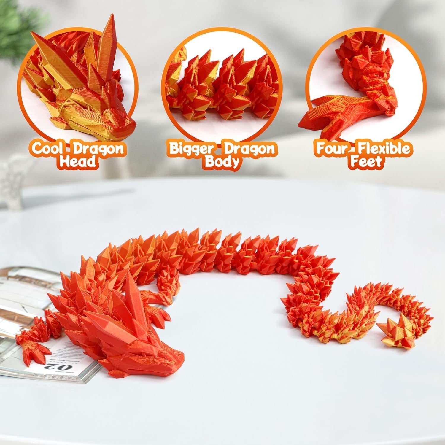 24in Red & Gold Pearly Articulated 3D Printed Dragon Fantasy Fidget Figure