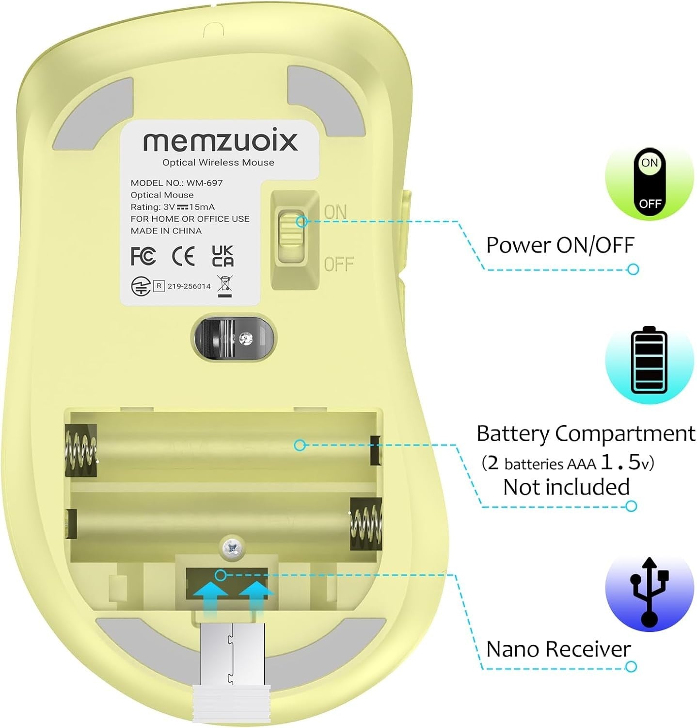 Yellow Wireless Mouse 1400 DPI USB 2.4G Portable 5 Button