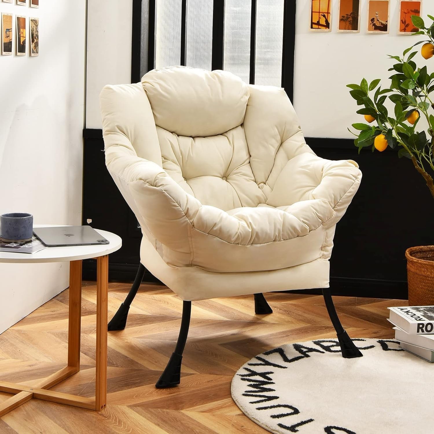 Fabric Lounge Armchair Comfy Reading Chair Side Pocket Beige