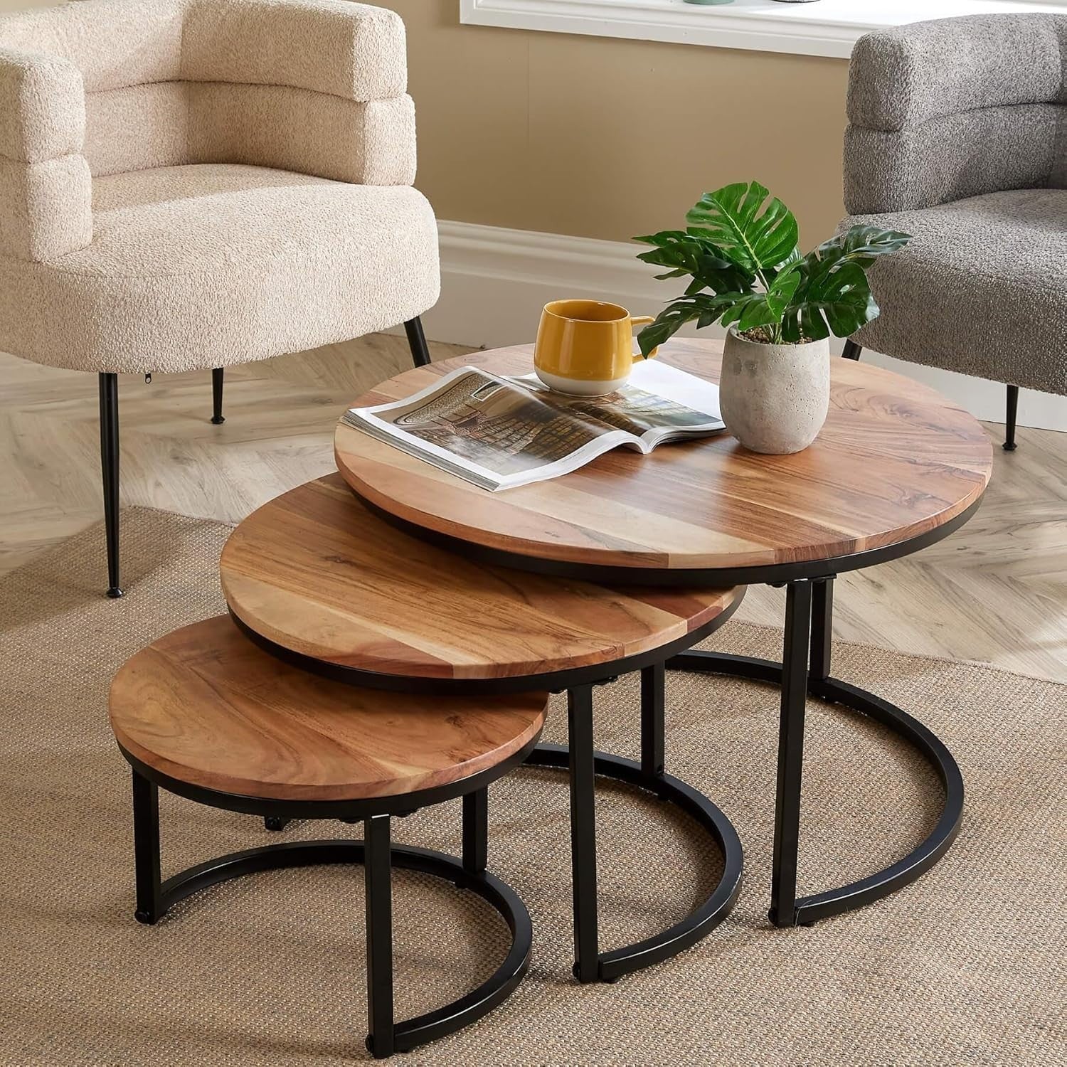 Nest of Tables 3PC Coffee Side End Round Industrial Wood Metal Living Room