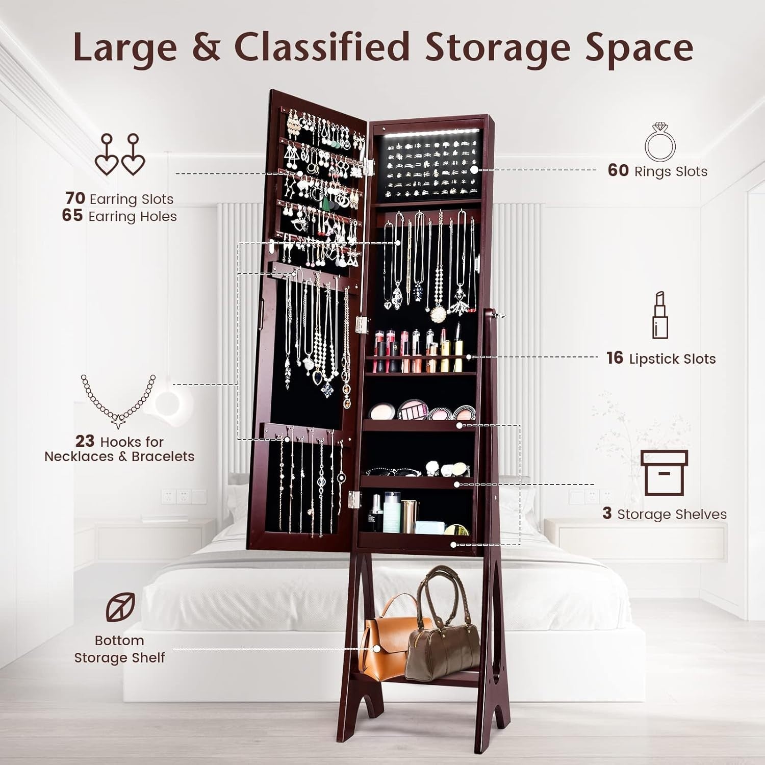 Standing Jewelry Armoire Lockable Full Length Mirror Adjustable Storage Brown
