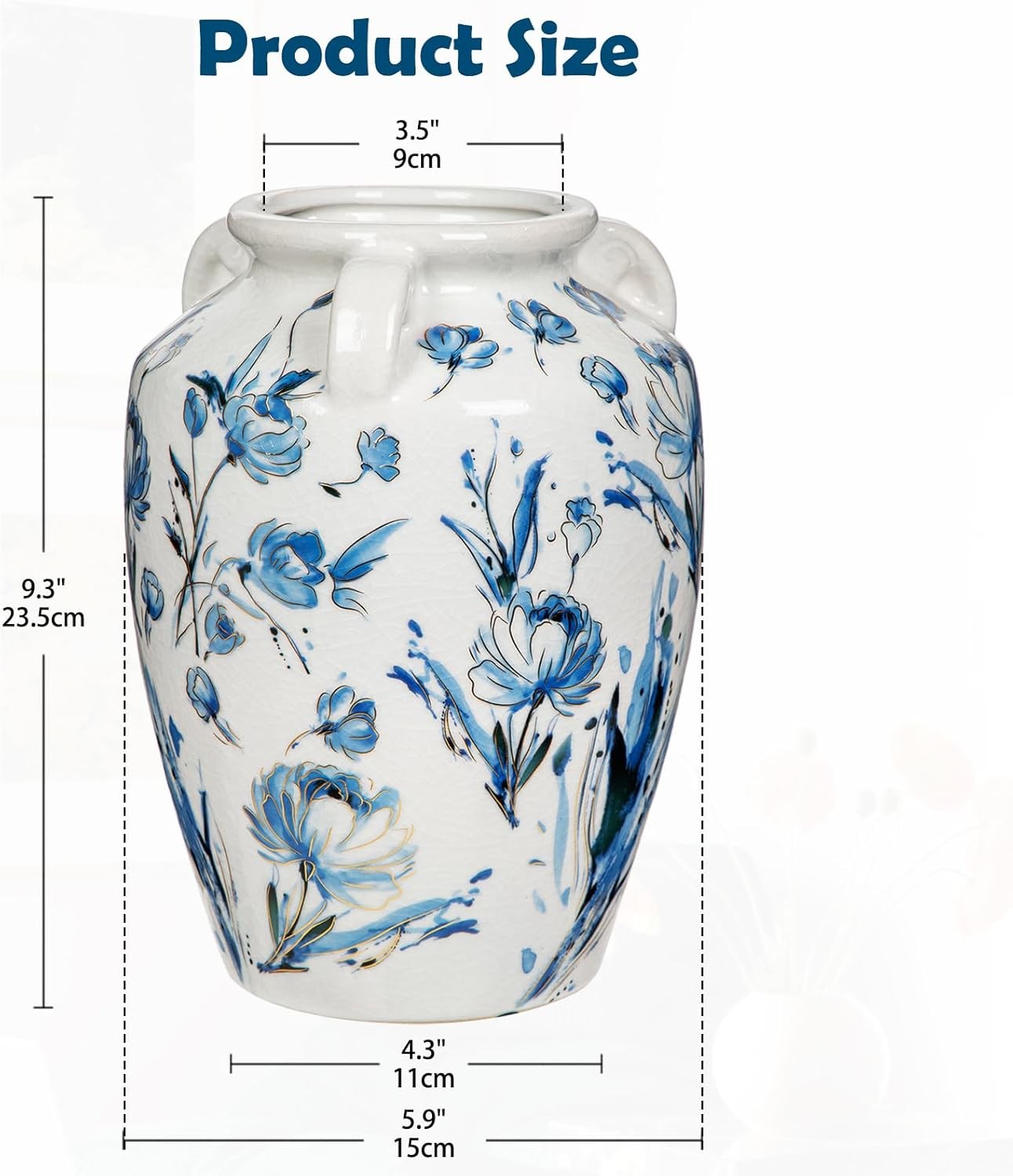 Ceramic Flower Vase Blue White Rustic Farmhouse Decor Table Floor Jar Vase
