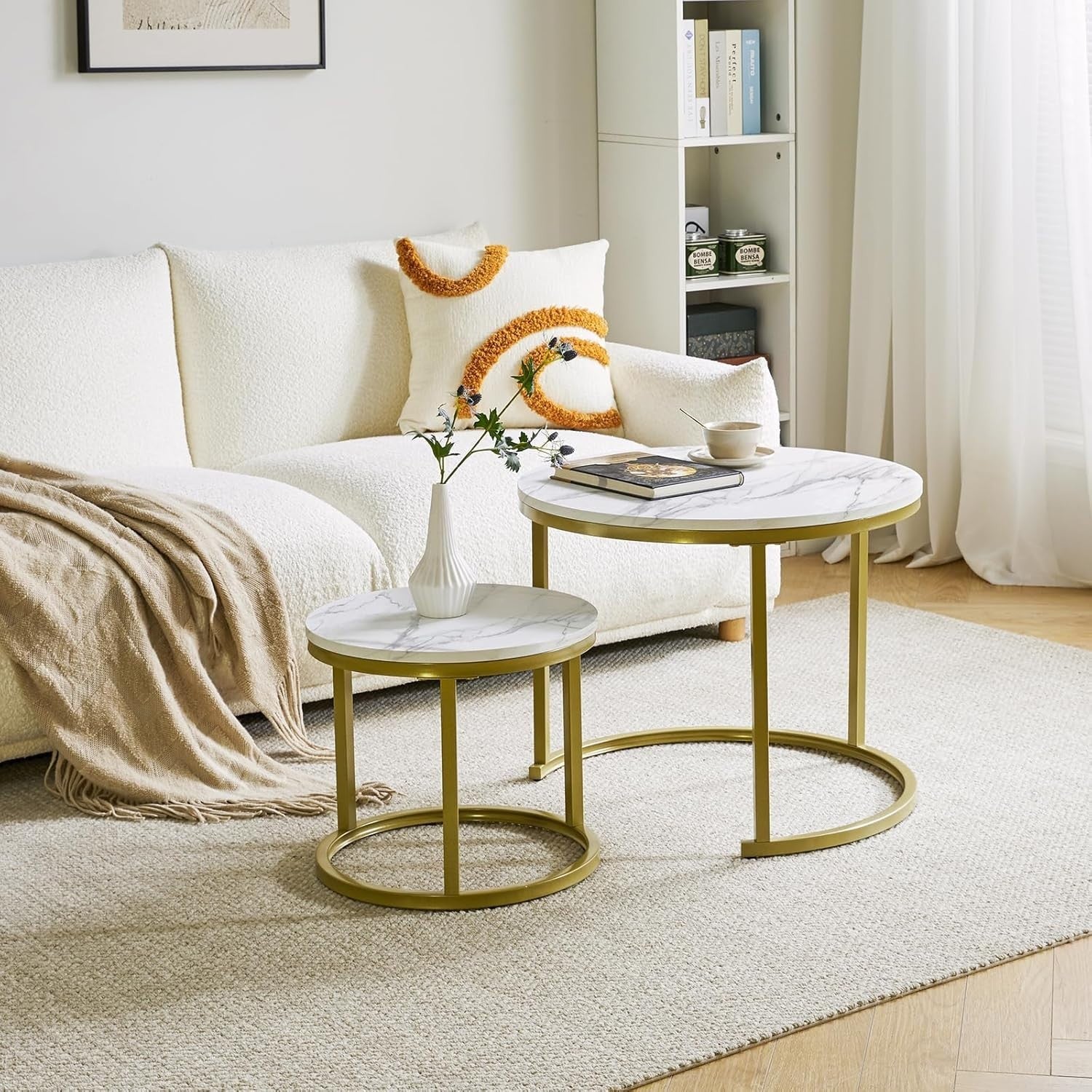 Round Nesting Coffee Tables Set of 2 – Space Saving Modern White Gold Side Table