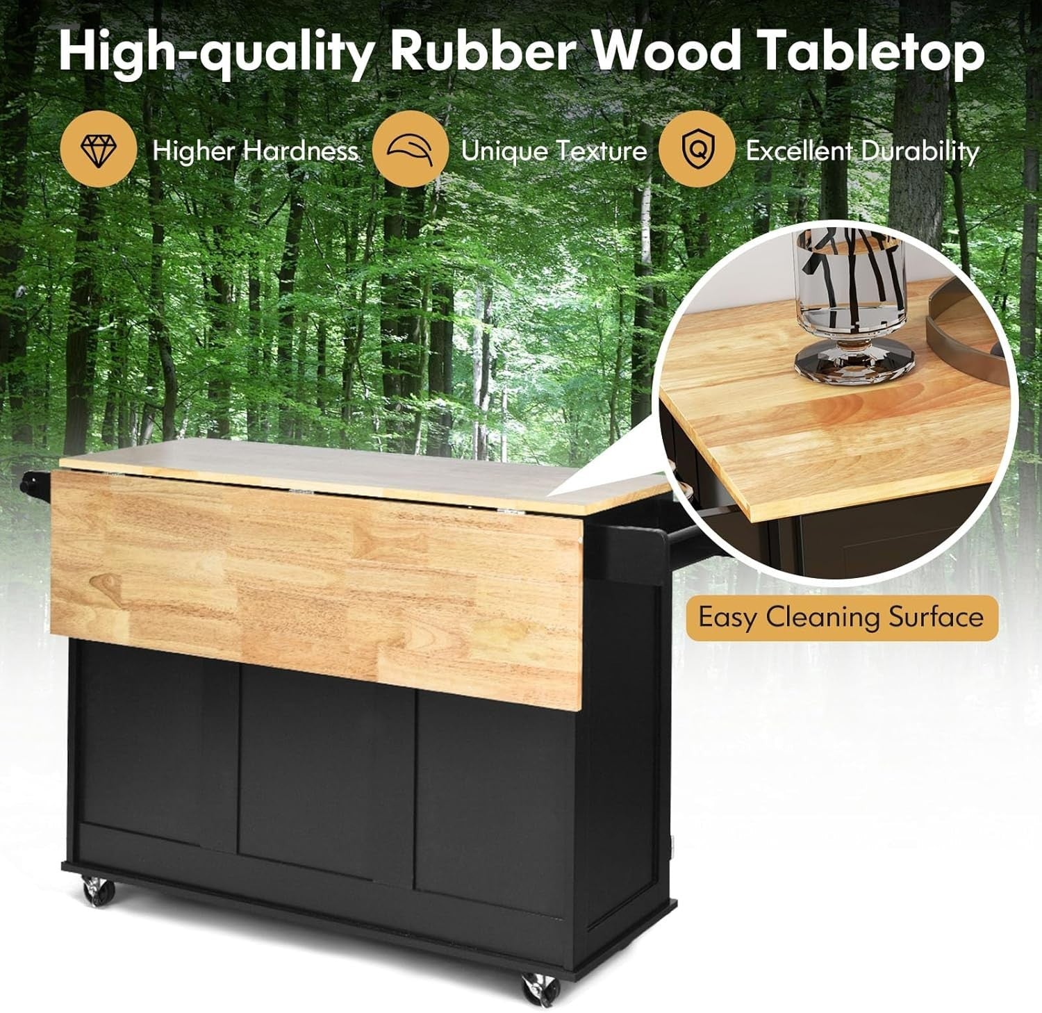 136x76x91cm Black Kitchen Island Cart Drop Leaf