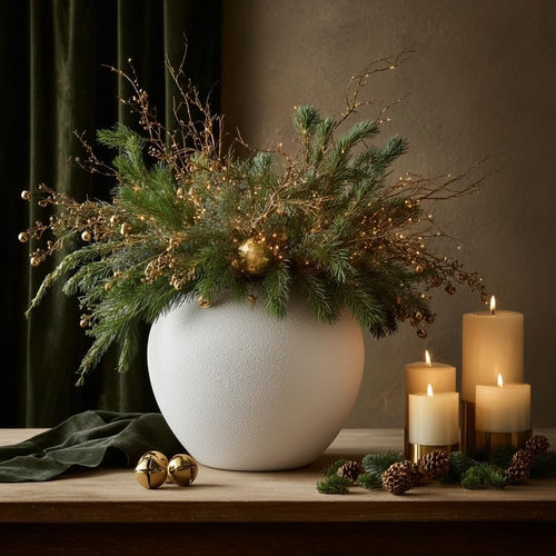 White Ceramic Flower Vase 20cm Round Minimalist Leak-Proof Home Décor