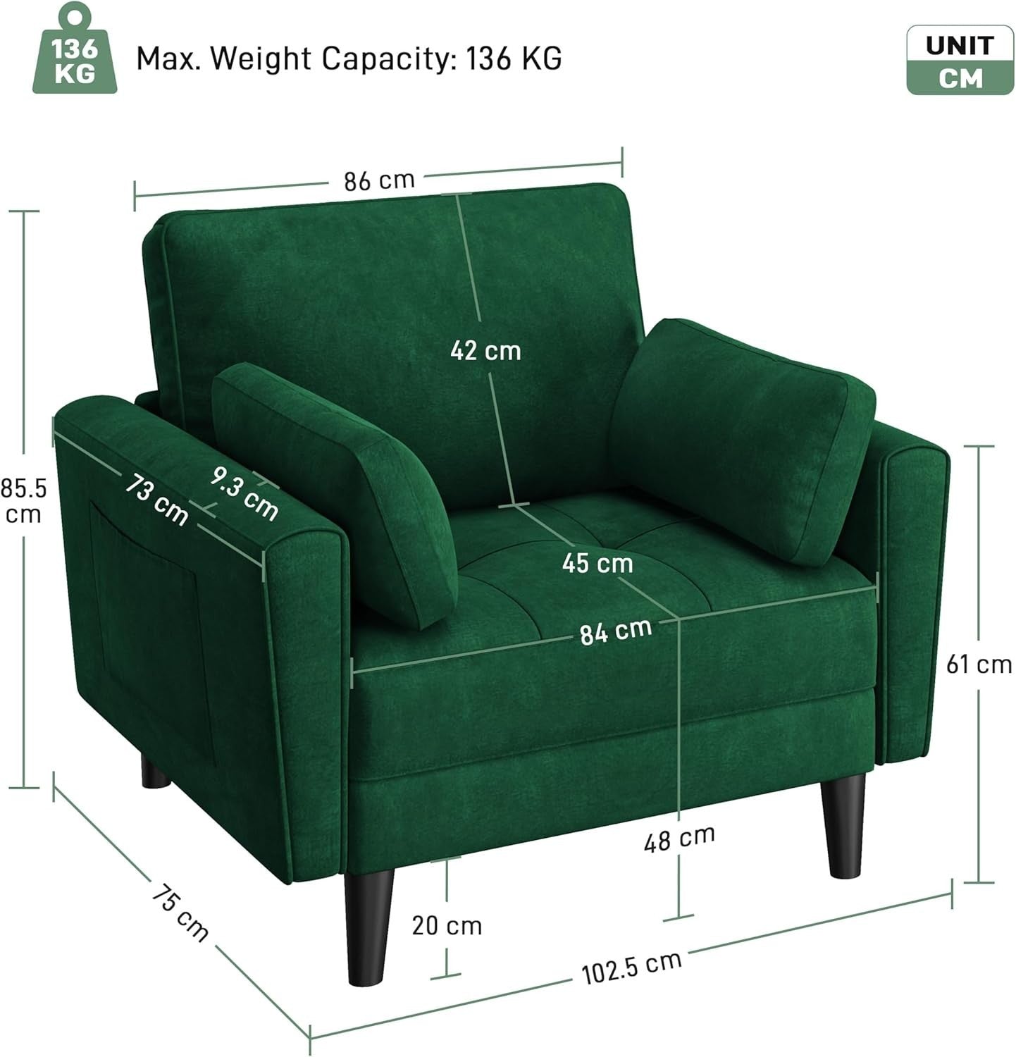 Green Velvet Tub Chair Oversized Accent Armchair with Pillows & Storage