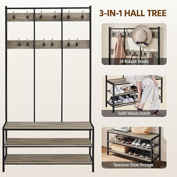 Grey Metal Hall Tree with 24 Hooks & Shoe Bench Industrial Coat Rack Stand