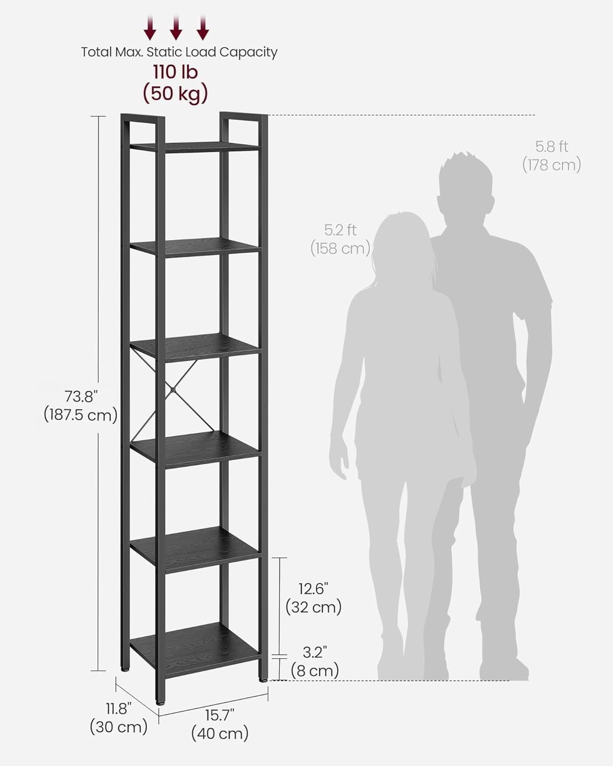 6-Tier Industrial Bookshelf 187.5cm Tall Slim Storage Unit Sturdy Steel Wood