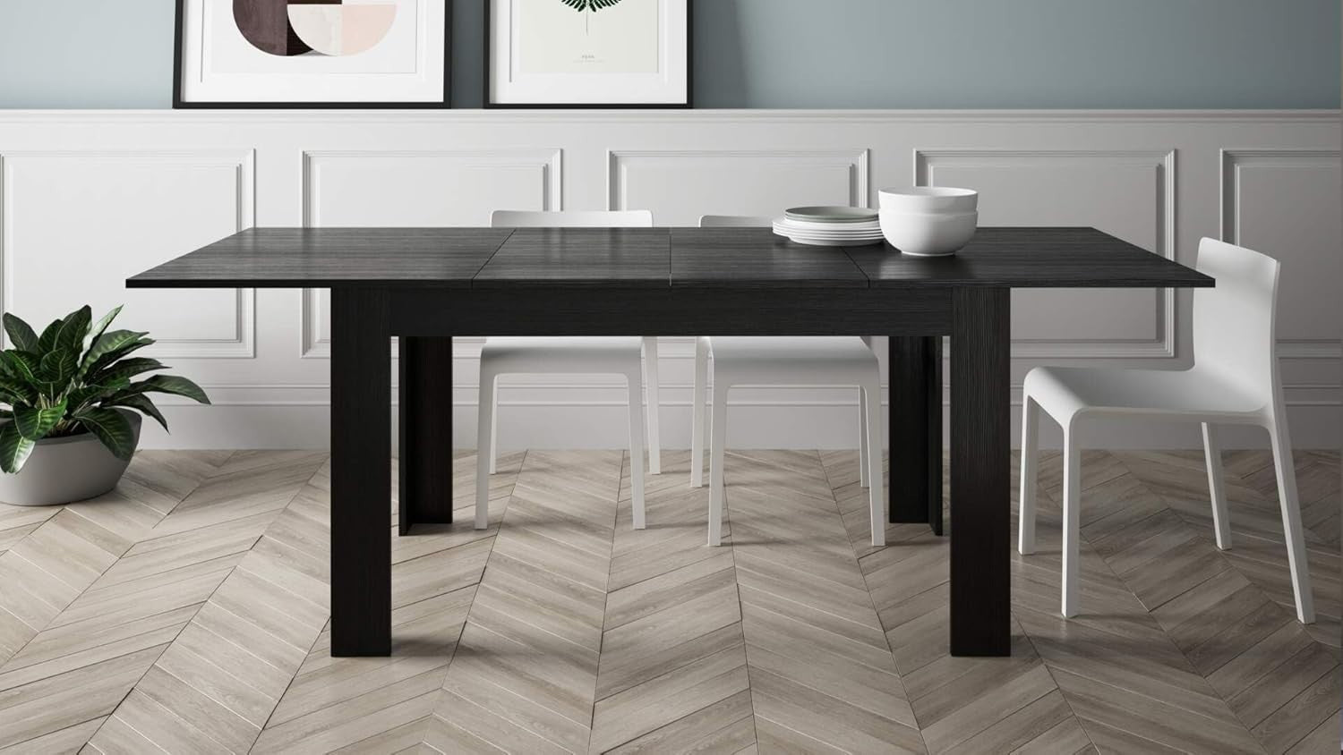 Extendable Dining Table Black 220cm Wood 6–8 Seater Modern Space Saver