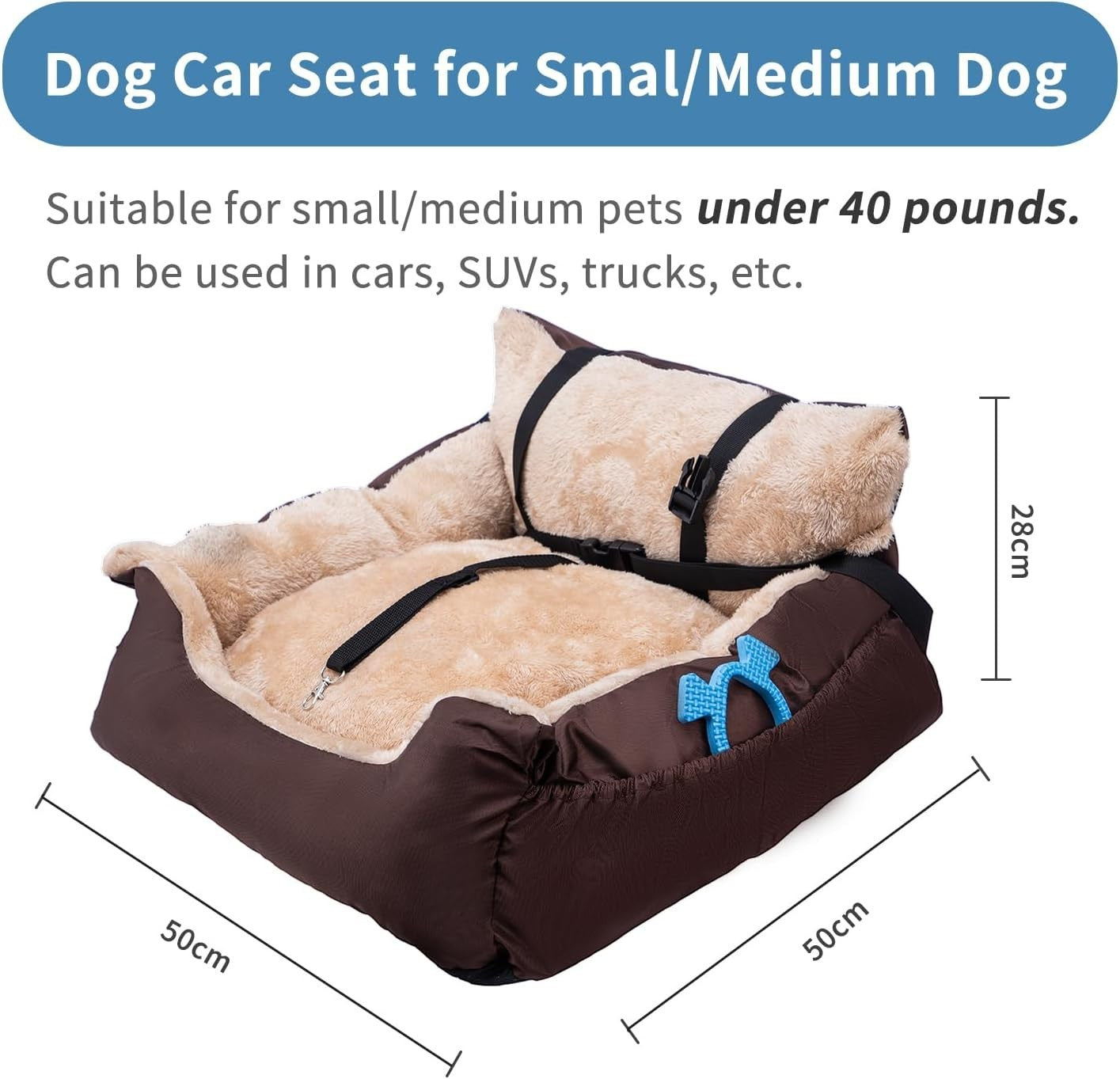 Cozy Plush Dog Car Booster Seat Pet Travel Bed Safety Leash Brown