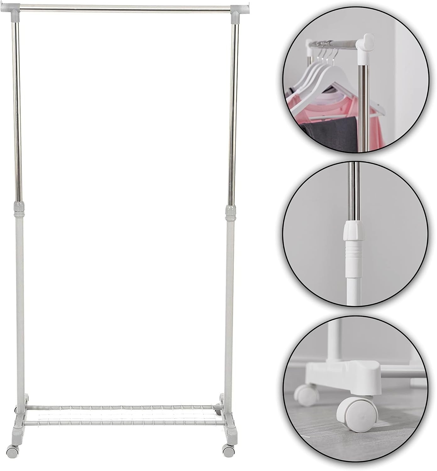White & Chrome Adjustable Steel Clothes Rail with Wheels
